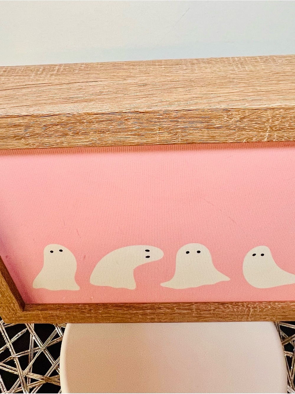 Halloween Cute White Ghosts Wooden Box Decor Sign Pink Background - Picture 4 of 7